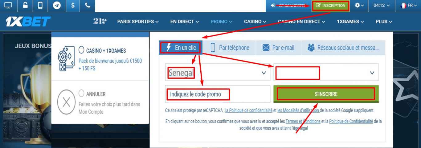 inscription sur 1xBet